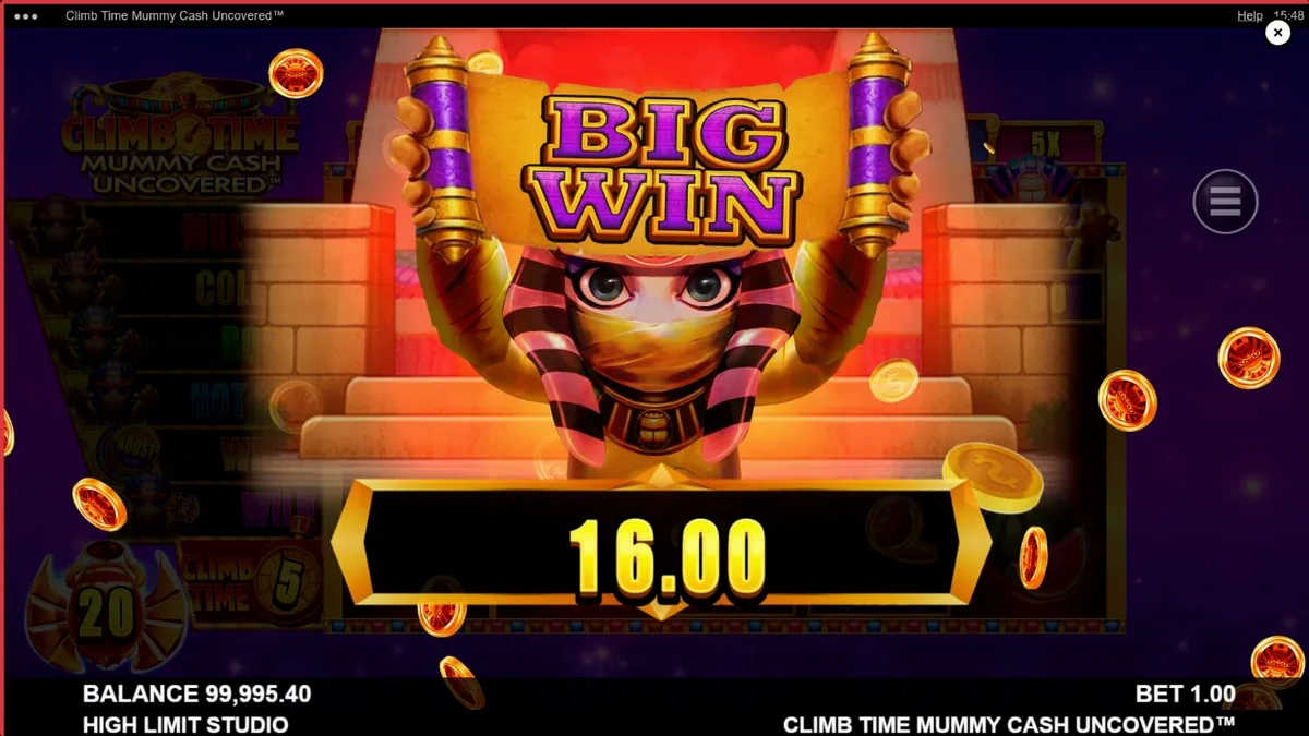 Tampilan visual slot Climb Time Mummy Cash Uncovered dengan latar belakang malam Mesir yang mistis