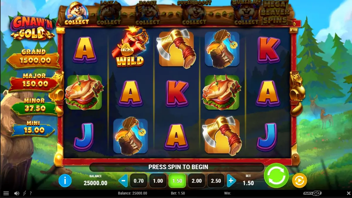 Tampilan visual slot Gnaw’n Gold dengan tema hutan dan karakter berang-berang
